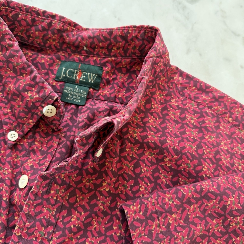 Vintage J Crew Oarsman Mens L Floral Print Red 100% Cotton Shirt Button Down